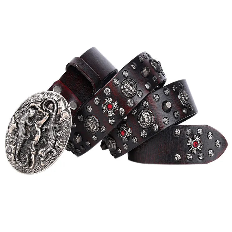Men's black genuine leather belt with silver punk rivets and a smooth alloy buckle.