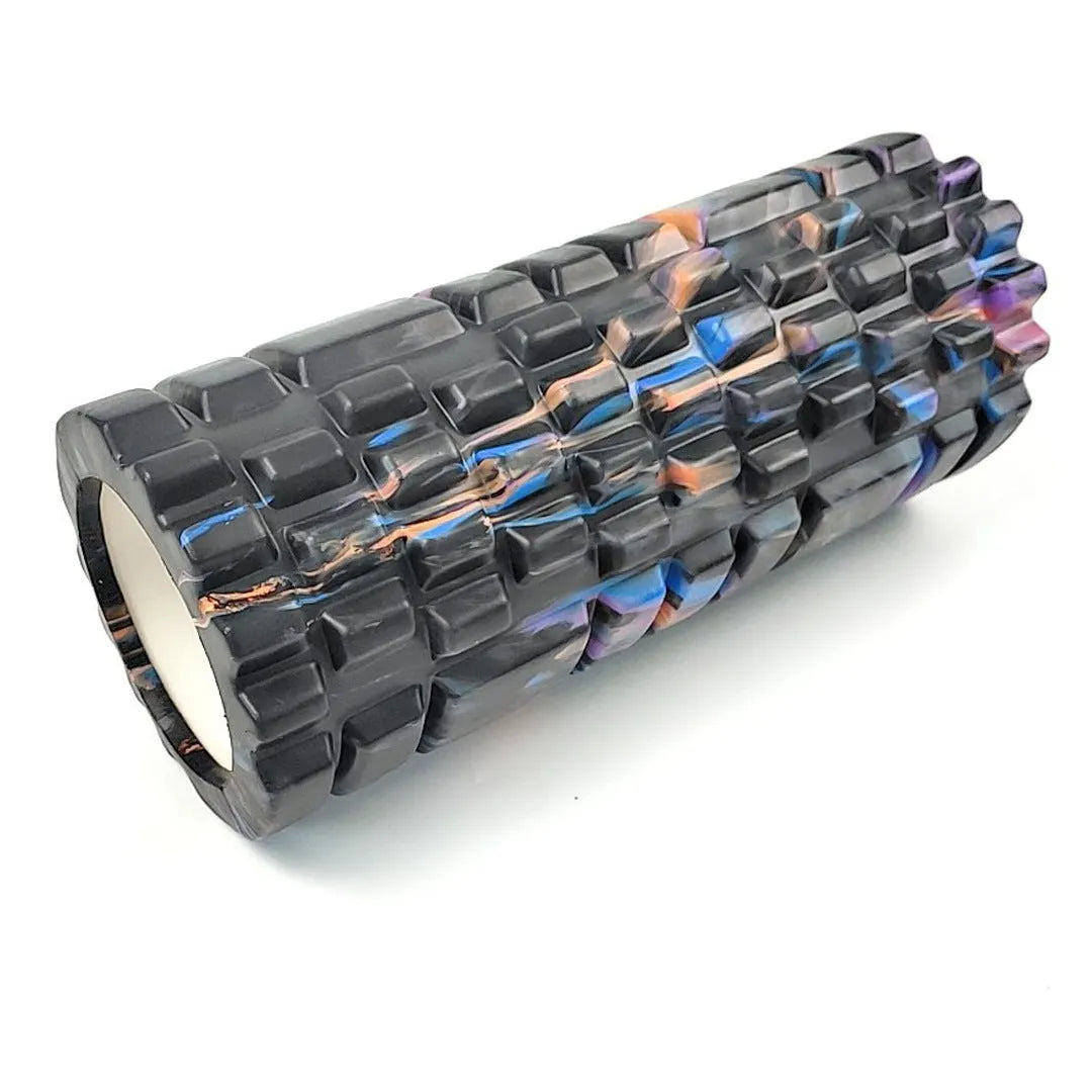 33cm camouflage pattern EVA foam roller in blue green yellow colour shown on gym floor