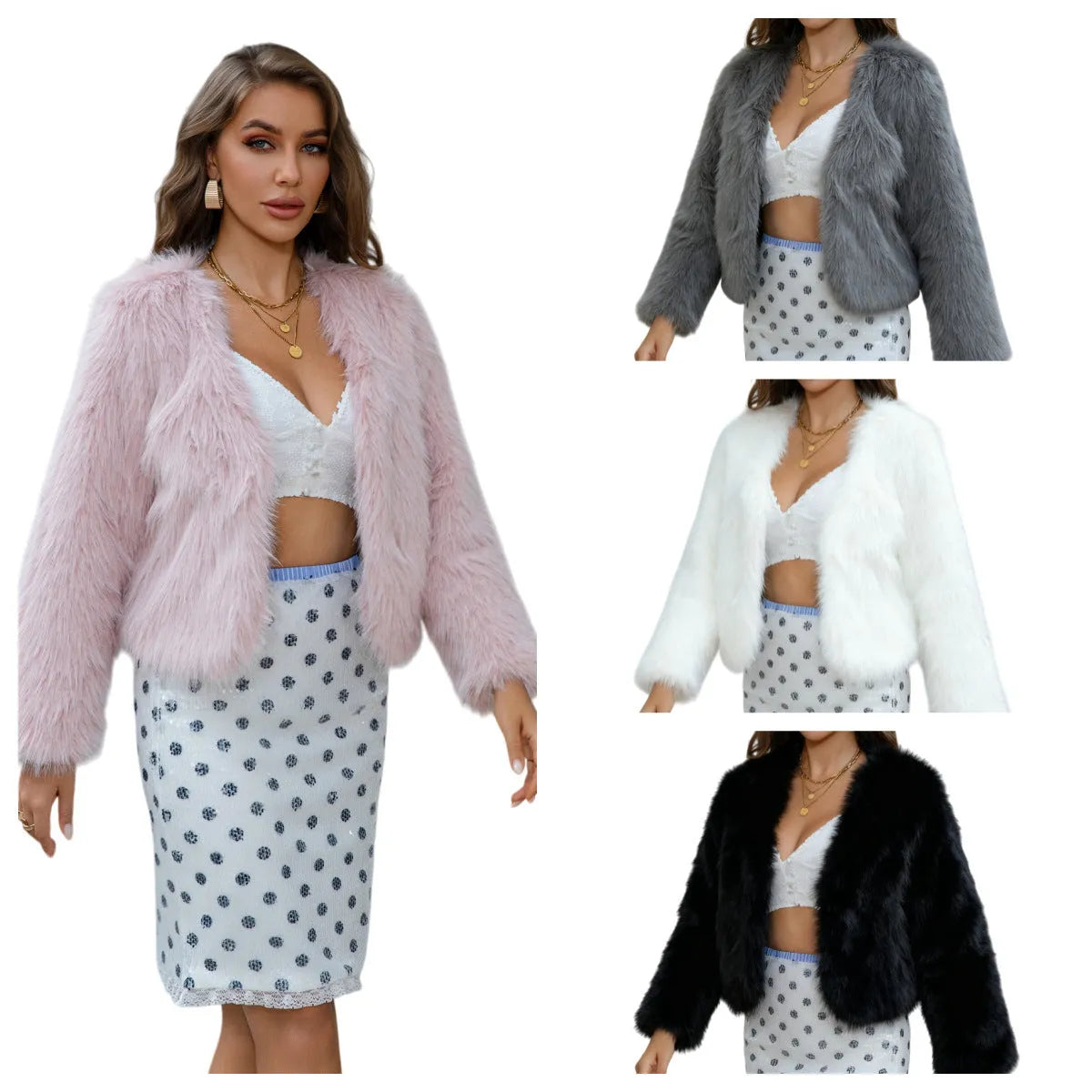 Women's faux fur coat in black, socialite style, long sleeves, regular length 50-65cm