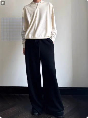 Pure wool lapel collar polo sweater in loose fit pullover style, available in Milky White or Navy Blue