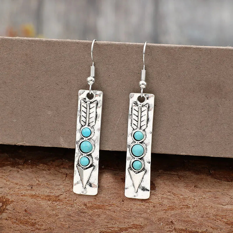 Geometric retro women's earrings with silver electroplated finish and turquoise inlays