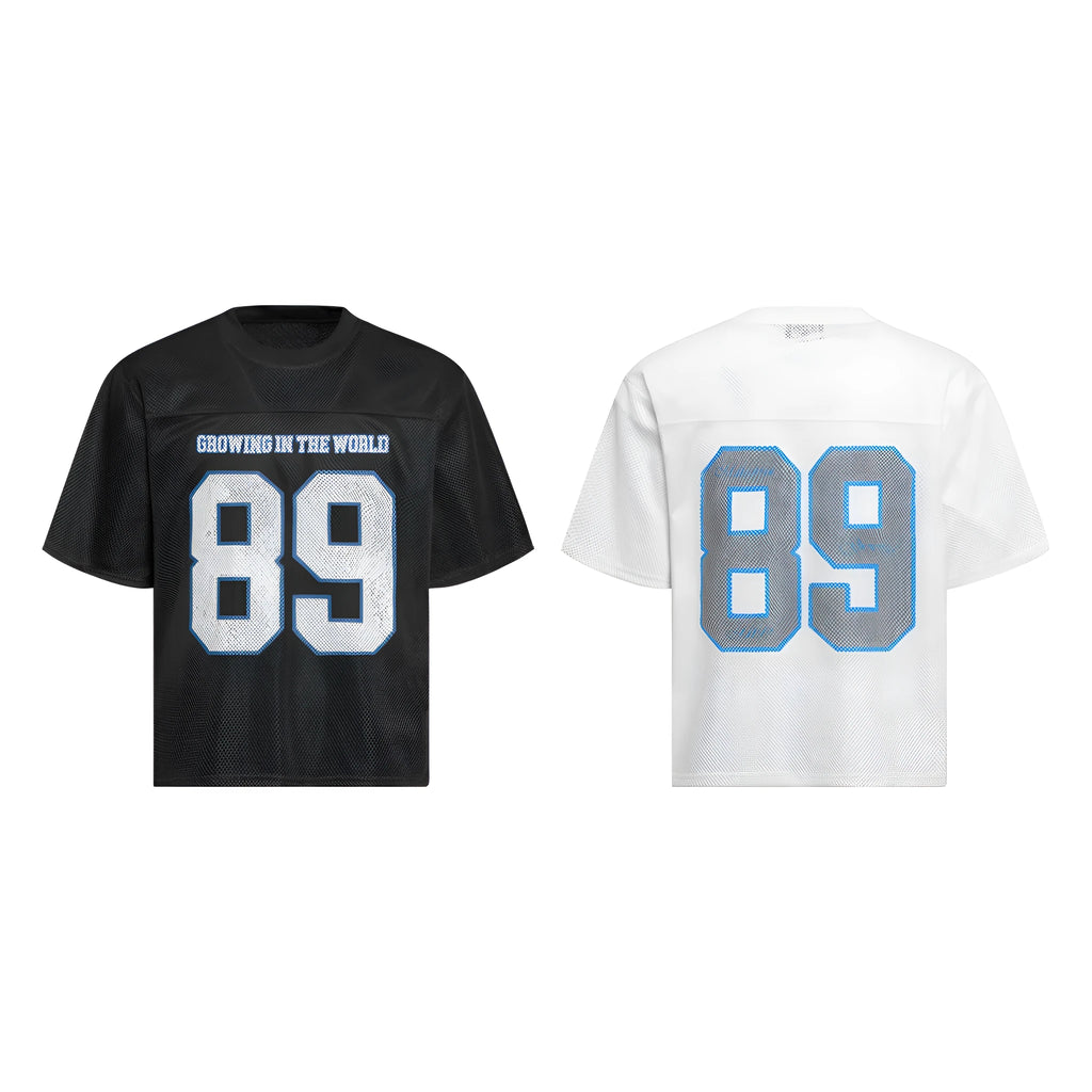 Black loose-fit t-shirt with white alphanumeric graphic print on the front.