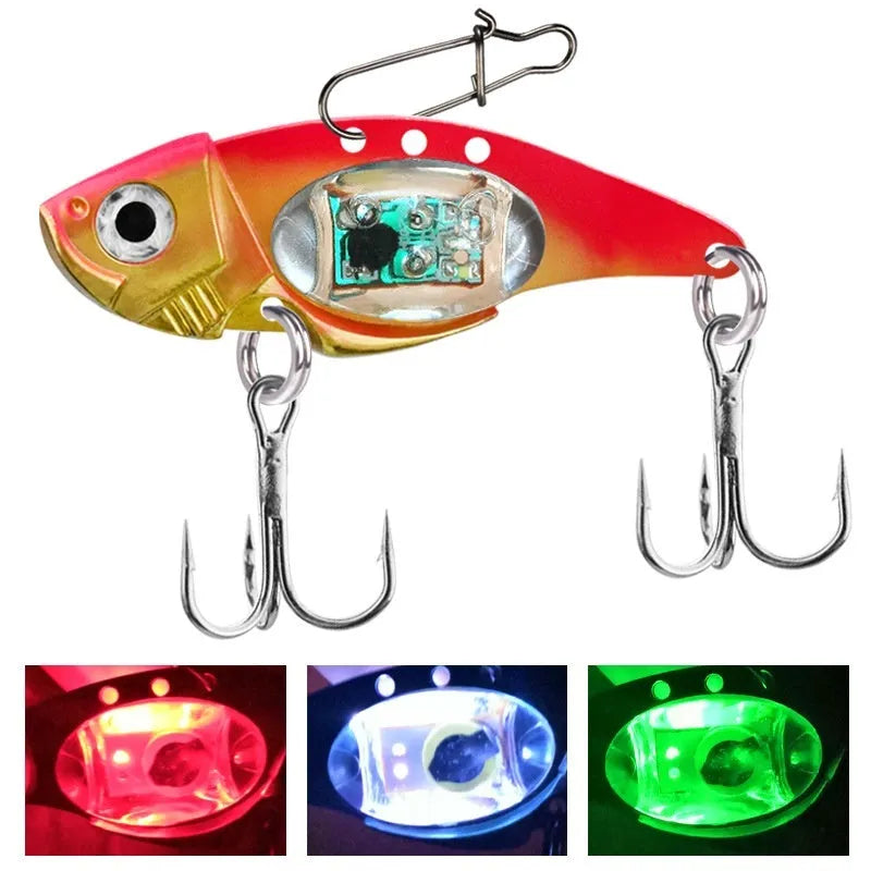 Electronic fishing lure with luminous metal vib in blue and red body options