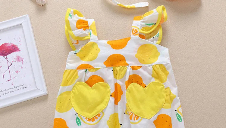 Cotton summer baby romper triangle jumpsuit in yellow with removable hat on white background