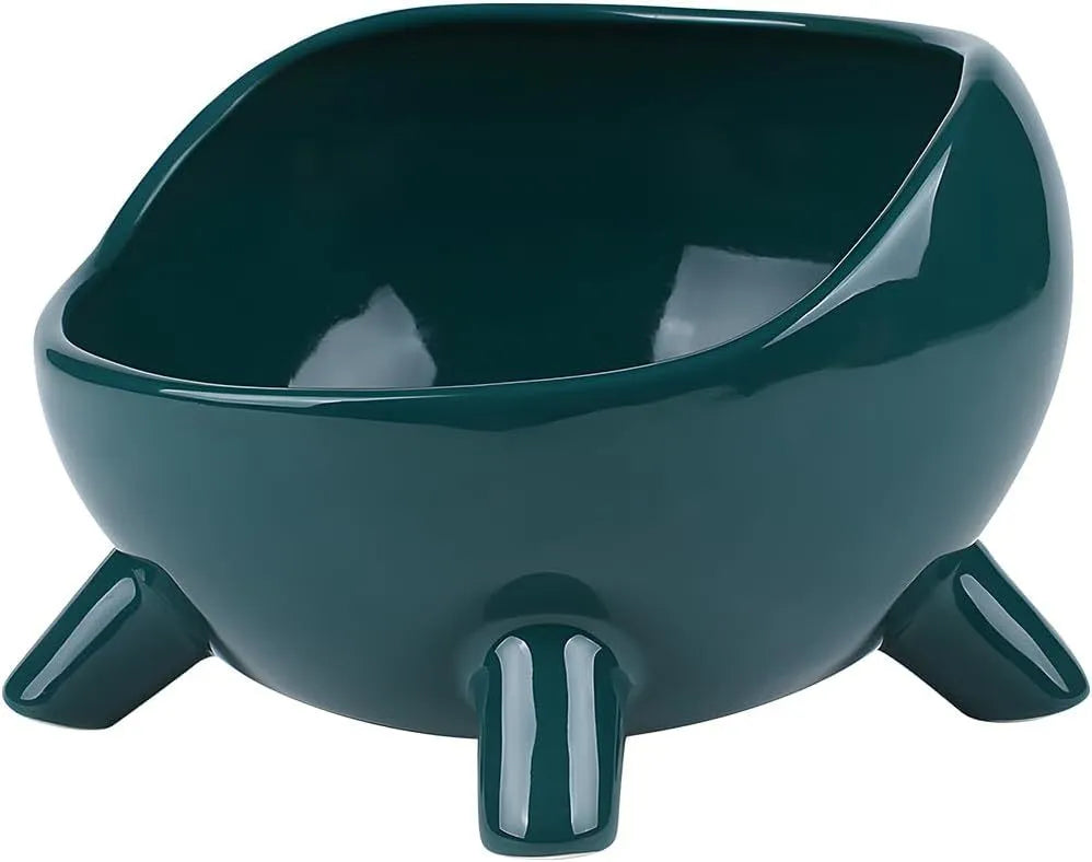 Green four-legged ceramic cat food bowl for indoor pets with wide mouth design