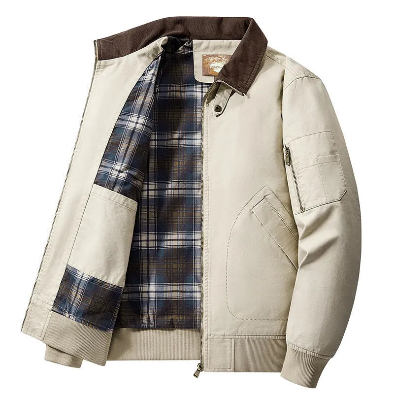 Men's plus size washed cotton baseball jacket shown in Camel colour on a hanger.