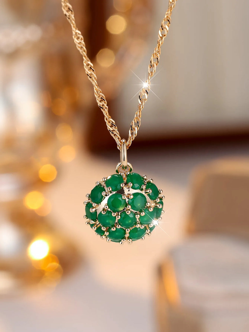 Women's round emerald full diamond necklace with adjustable chain in champagne gold