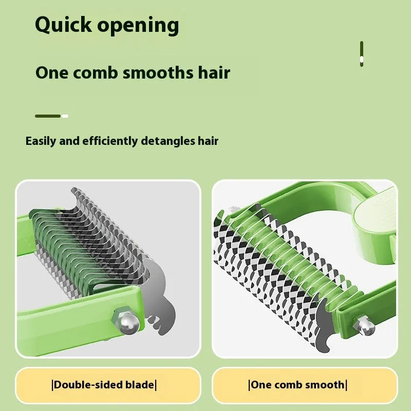 Green and grey dog hair unknotting comb with PP handle and stainless steel teeth