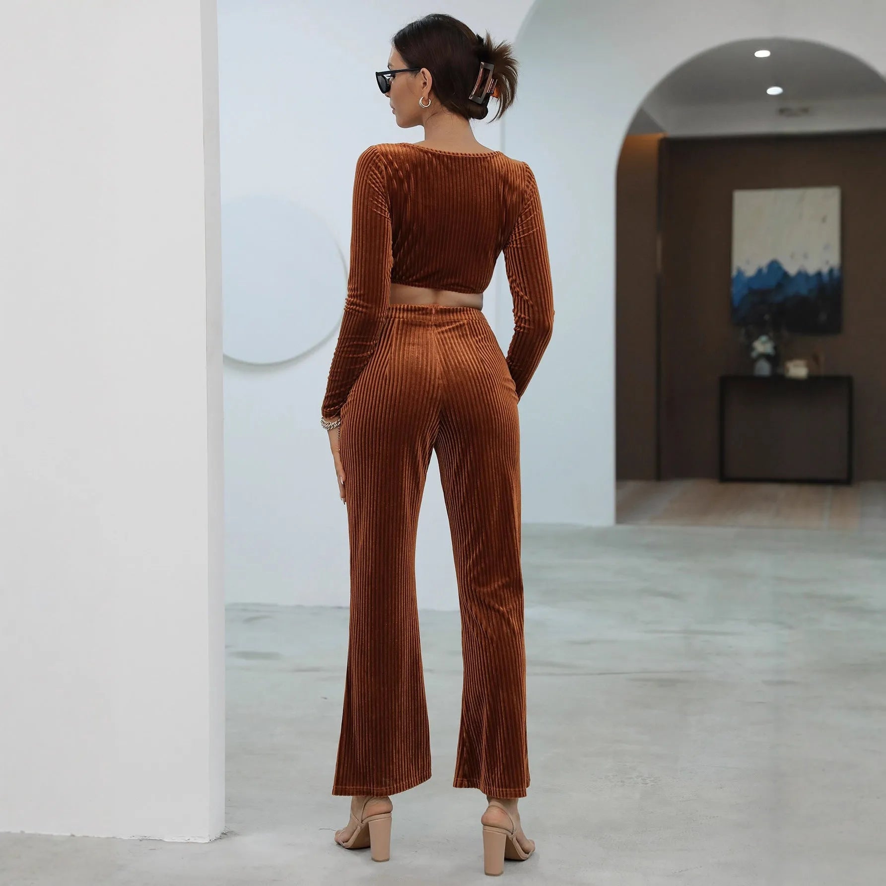 Caramel coloured long sleeve sweater set with matching trousers