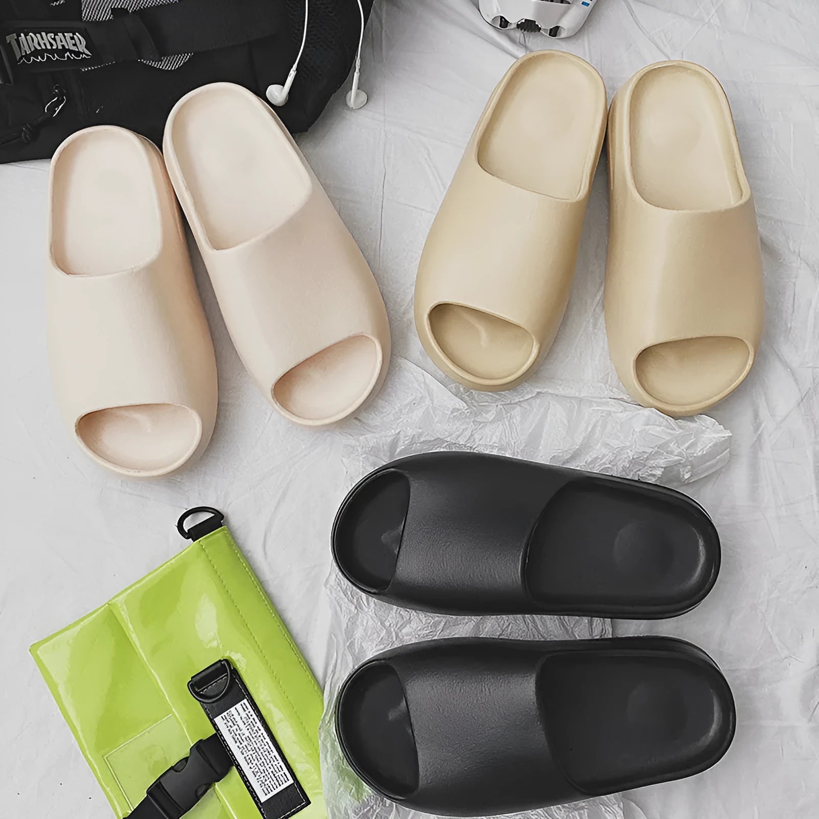 Women's beach slippers with thick EVA soles in beige, black, brown, and green colour options