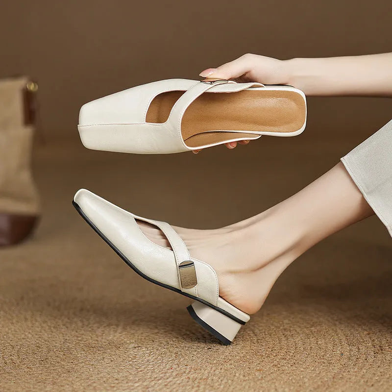 British style square head casual slippers in beige with an artificial PU upper and rubber sole.