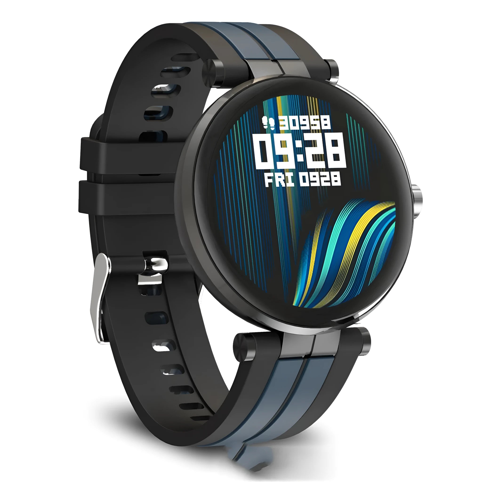 Smart watch with blood pressure and heart rate monitoring on a silicone wristband, shown in black, pink, and silver colour options.