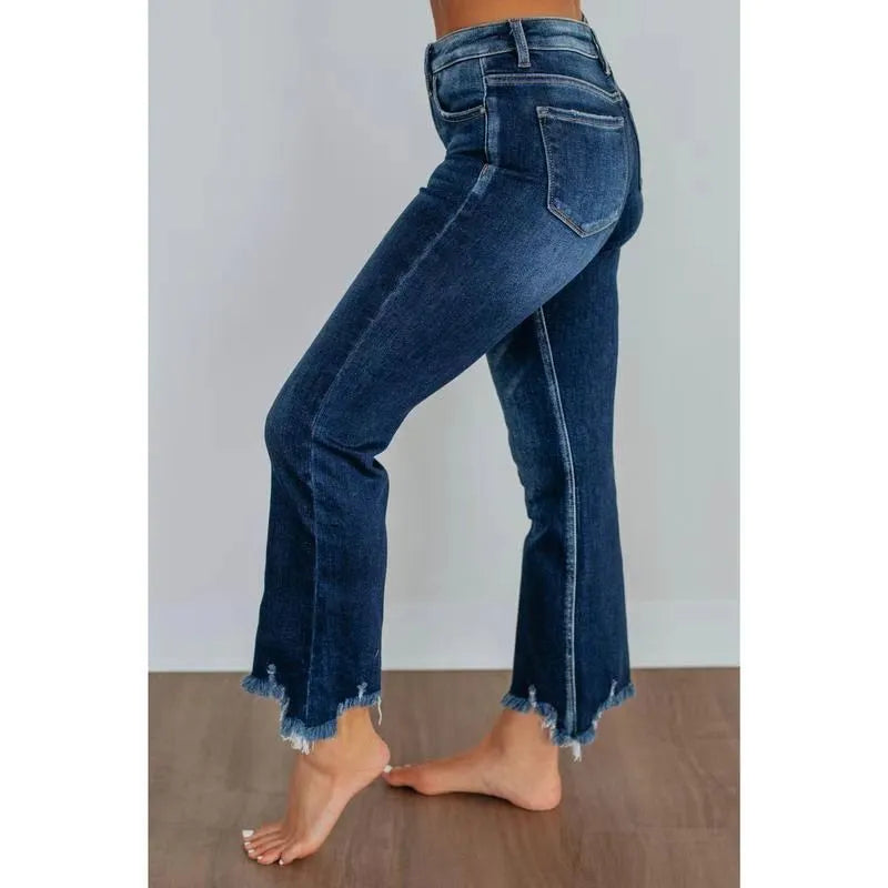 Women's casual denim jeans in dark blue and light blue with hand-worn finish