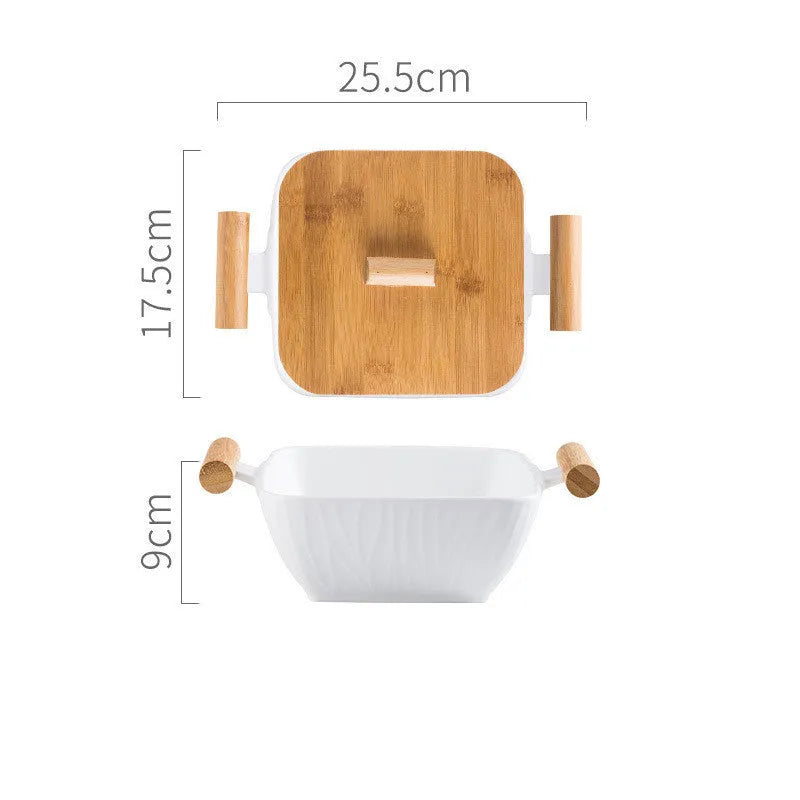 Modern irregular-shaped porcelain ceramic serving bowl with matching lid