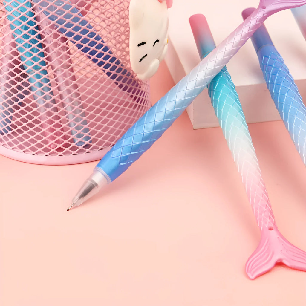 Mermaid cartoon design ballpoint pen with 0.38mm metal tip and plastic shell.