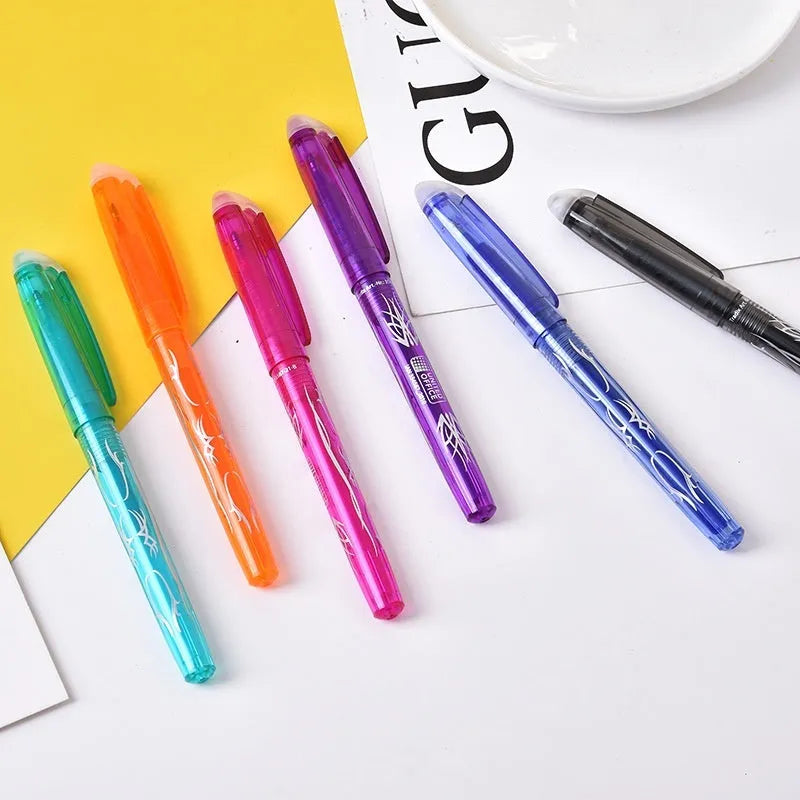 Heat-erasable gel pens with plastic barrels and stainless steel nibs in multiple colours