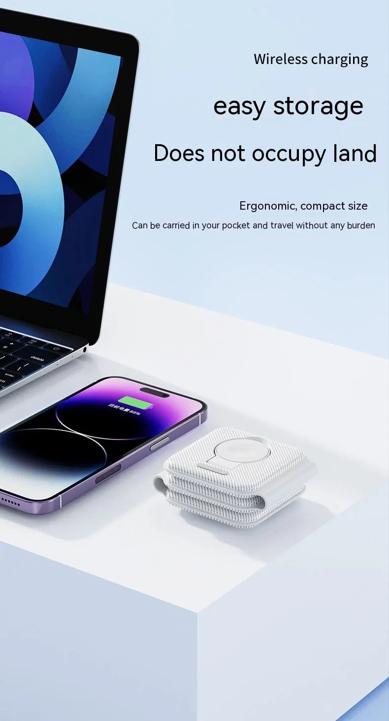 A75 Three-in-one Wireless Charger in white, charging a smartphone, earbuds, and smartwatch on a desk
