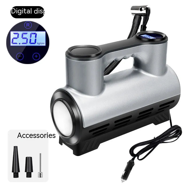 12V portable car tyre inflator with ABS housing, digital display, and multiple air nozzles