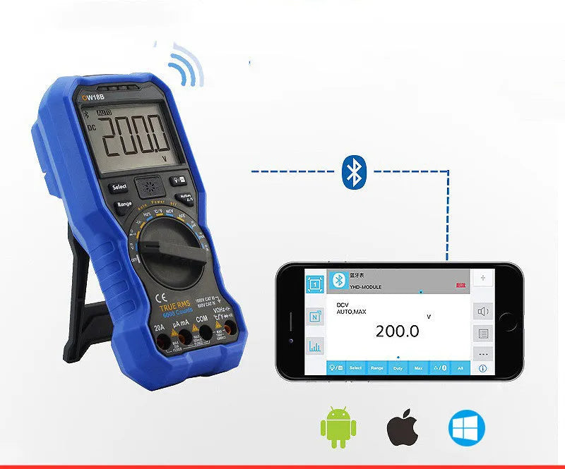 Handheld digital multimeter showing display, model options OW16B and OW18 with Bluetooth function choices.