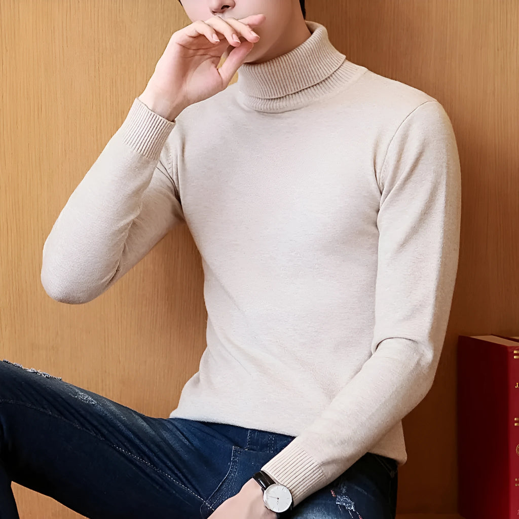 Plus size men's black knitted high-neck fleece-lined sweater on model