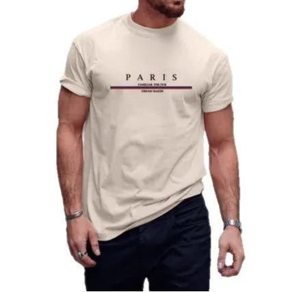 Men's white short-sleeved t-shirt with black letter print design on pure cotton fabric