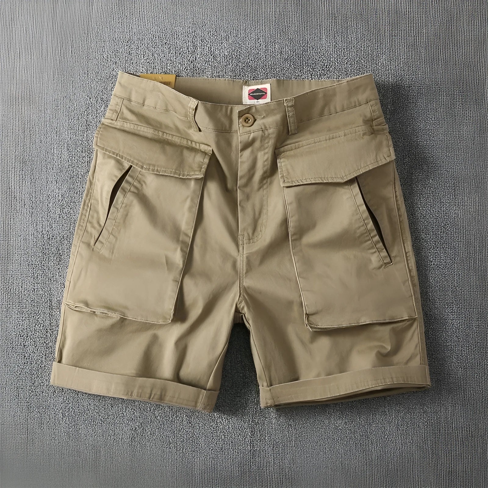 Men's stretch cotton cargo shorts in khaki with multiple pockets and straight-leg fit.