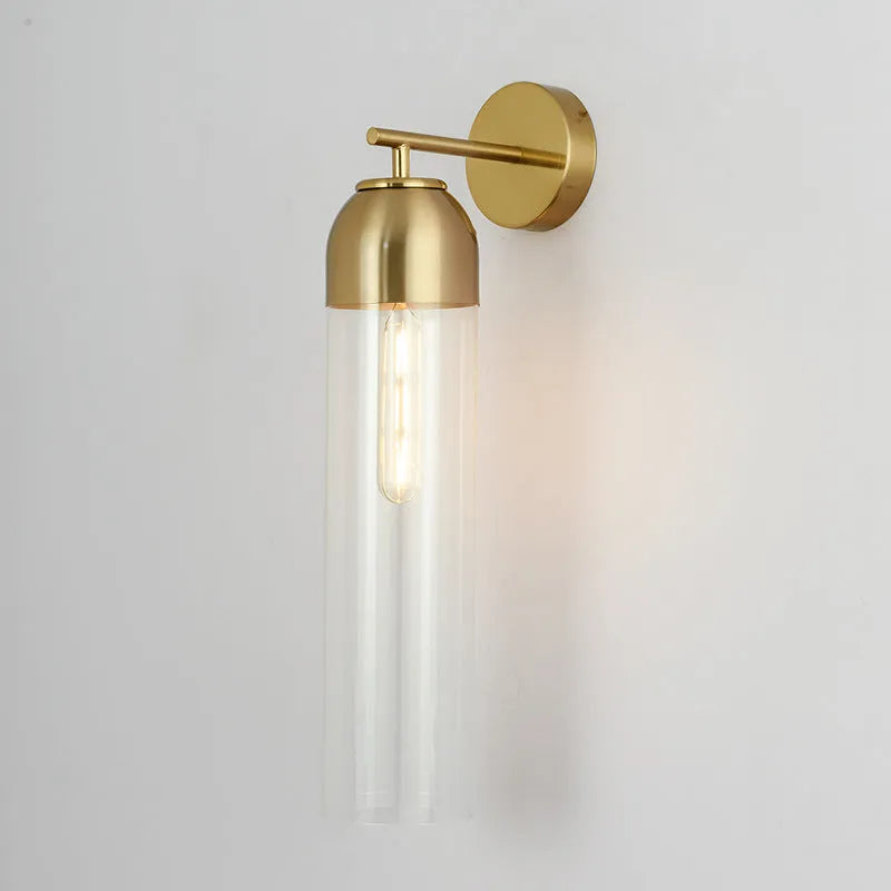 Modern minimalist glass wall lamp with an E27 holder in a choice of light colours on a living room wall.