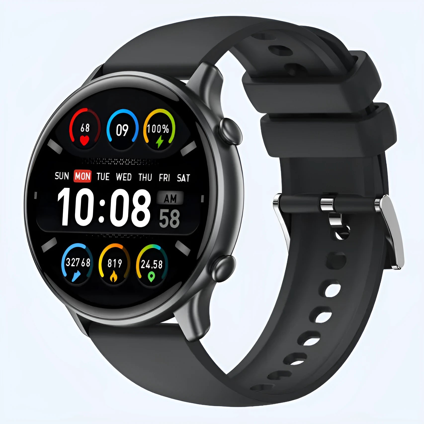 Round touch screen smart sports watch with silicone strap showing heart rate monitoring display