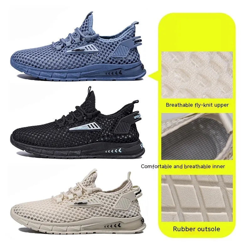 Men's beige casual sneaker with mesh detail, synthetic leather upper, and flat EVA sole on a plain background.
