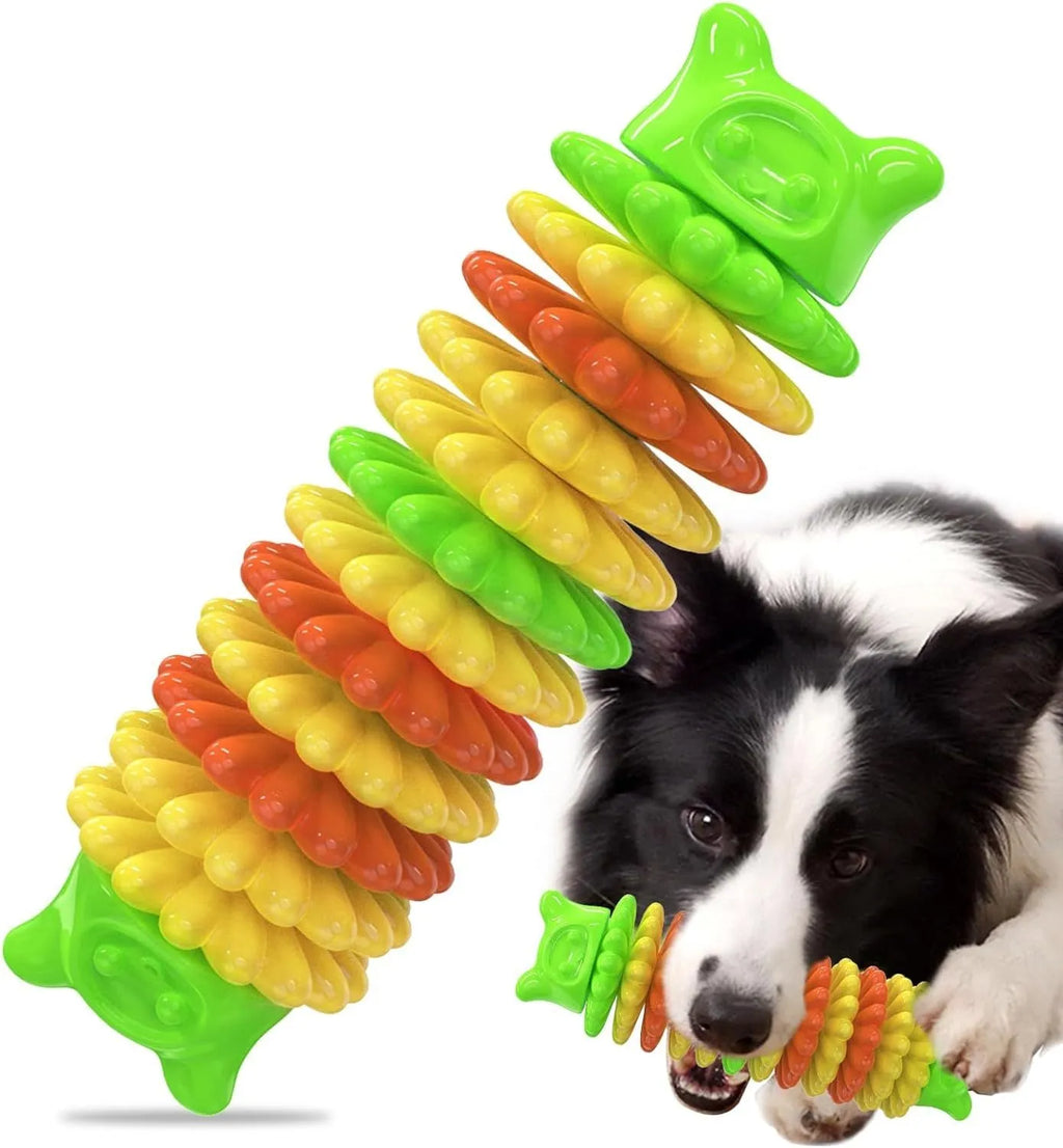 Blue rubber caterpillar-shaped dog chew toy for aggressive chewers on a white background.