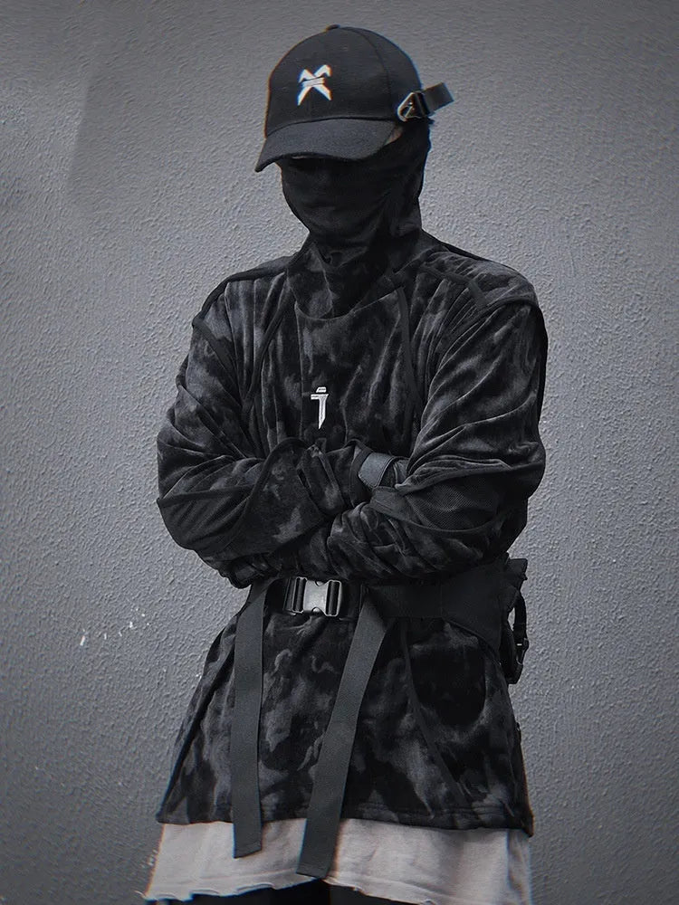 Men's black tie dye finger print turtleneck sweater with drop shoulders and loose casual fit