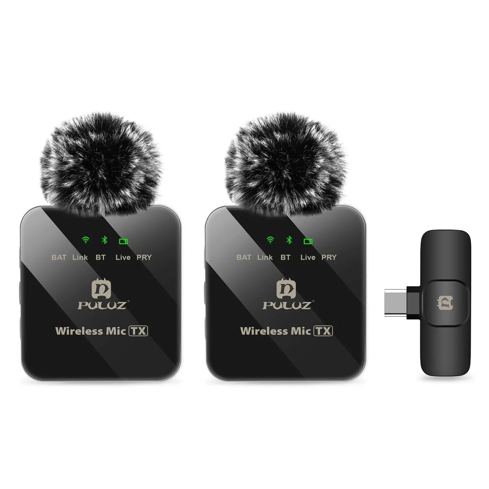Wireless carbon fibre neckline clip microphone transmitter on a black background with storage box and accessories