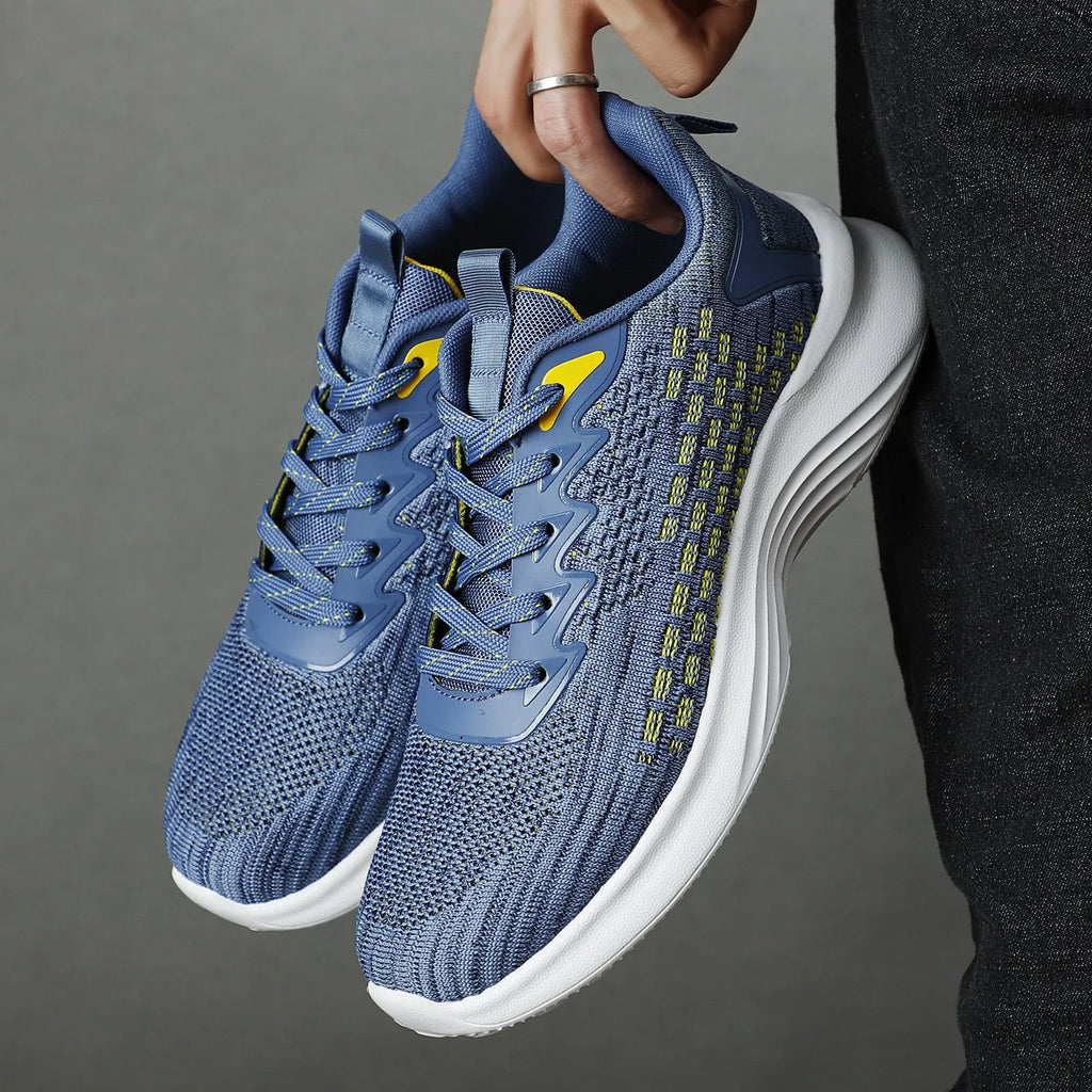 Lavender purple women's Flyknit running shoes with striped pattern, mesh lining, and a flat EVA wedge sole.