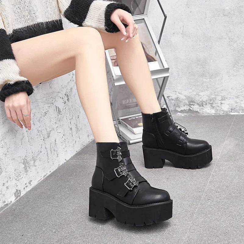 Black women's punk gothic Martin boots with side zipper and thick heel