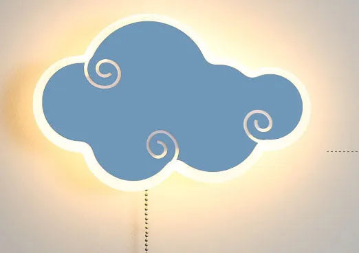White cloud-shaped children's wall lamp with acrylic cover mounted on a bedroom wall.