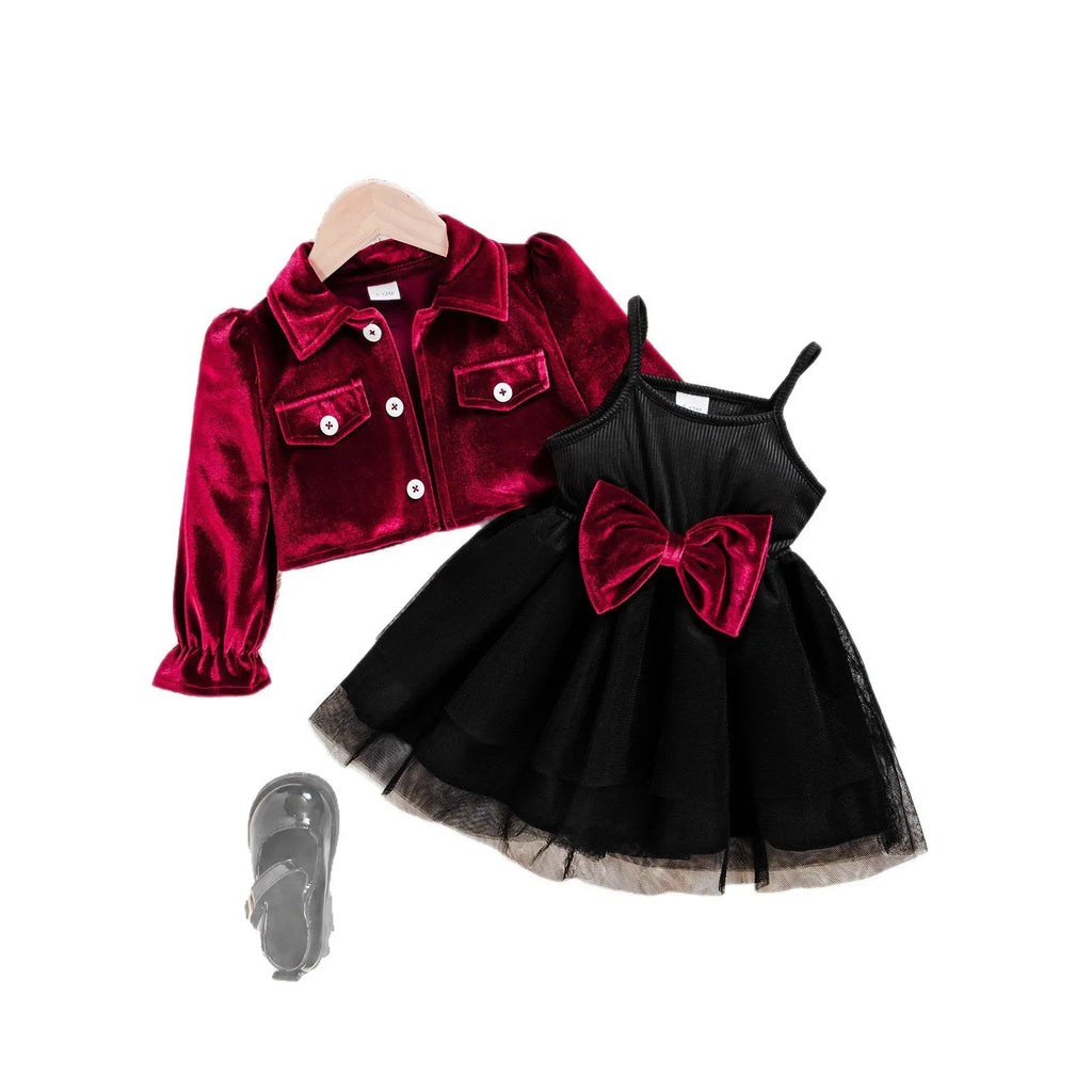 Baby girl red strapless dress with black mesh bow jacket and long pants polyester cotton