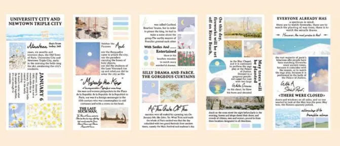 Paper landscape painting sticker book showing rectangular 60x120mm stickers with famous artwork designs
