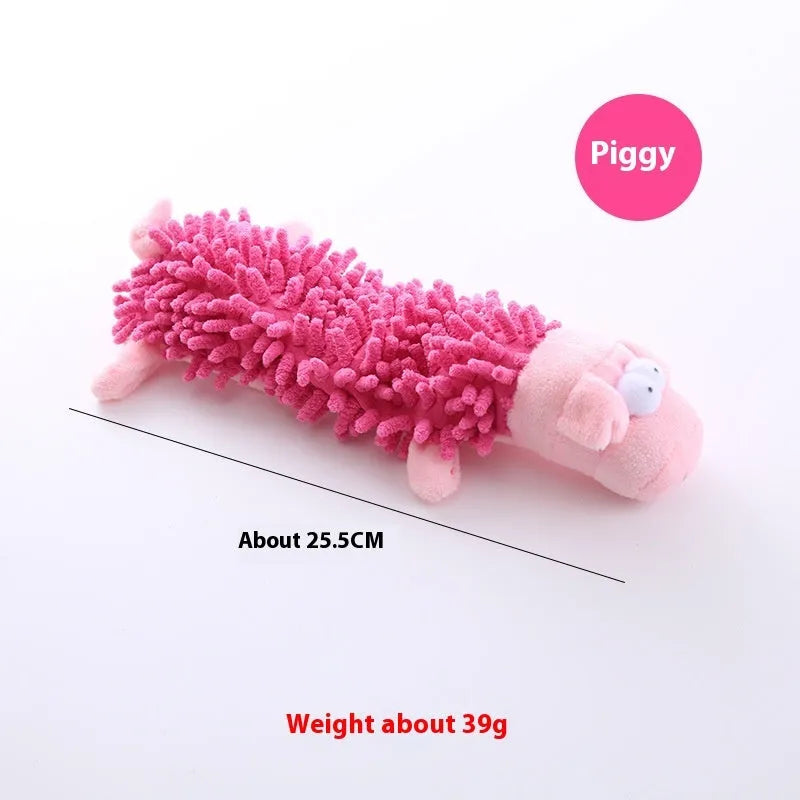 Brown dog design microfiber plush molar toy for horses shown beside pink pig version