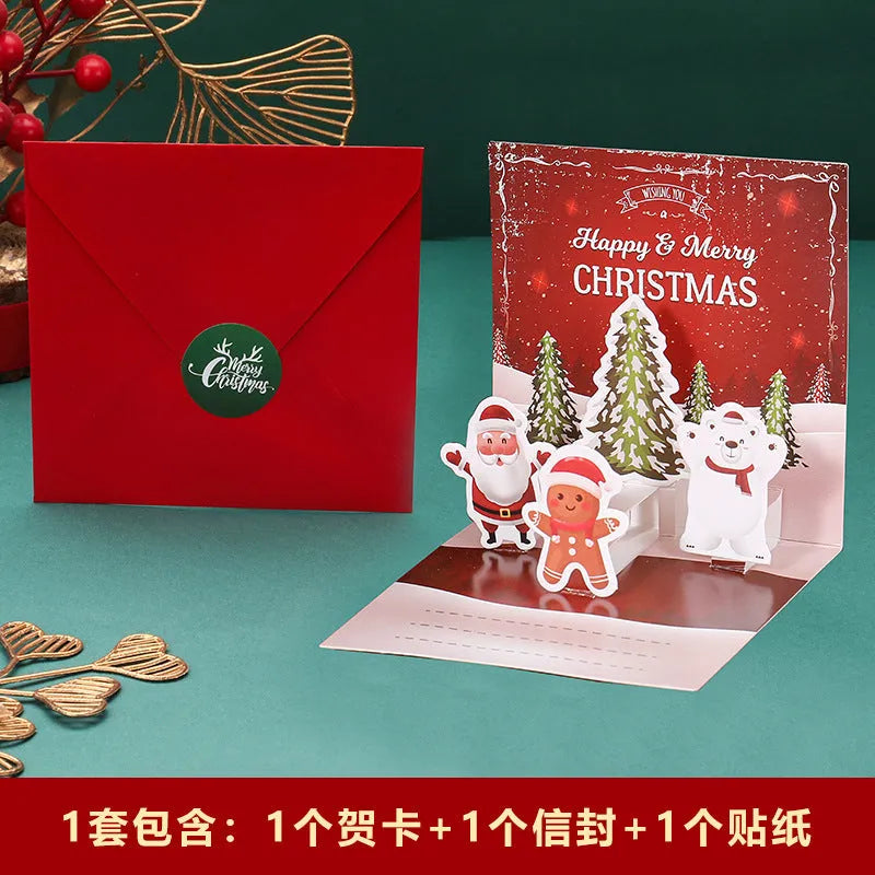 Three-dimensional blessing greeting card in fresh style, handmade from cardboard, with fold design on a flat surface