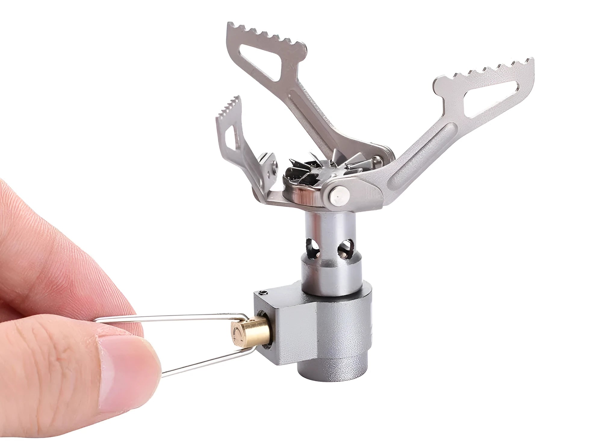 Silver titanium mini camping gas stove with rotary flame, 25g weight, portable for outdoor use