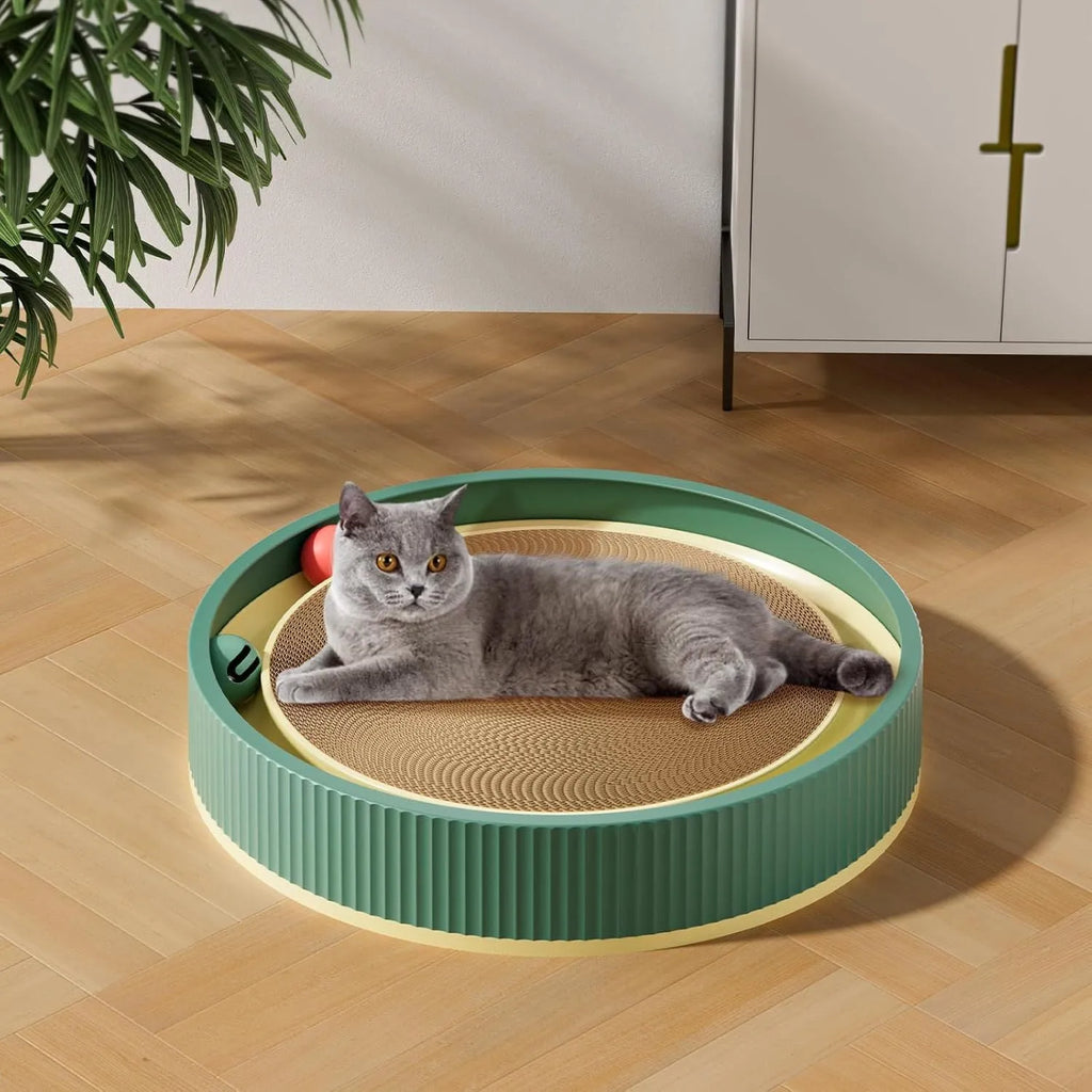 Large green circular cat scratching board with spring plush ball and moving bell toys
