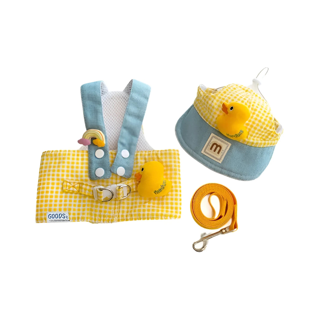 Three-piece pet set showing a dog harness, a leash with a wire rope section, and cute cat clothes on a hanger.