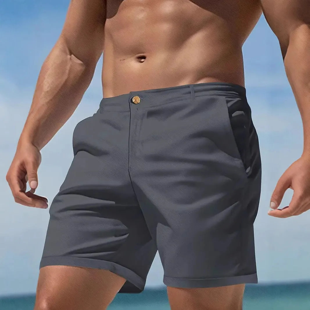 Man wearing grey Korean style straight-leg casual cotton blend shorts.