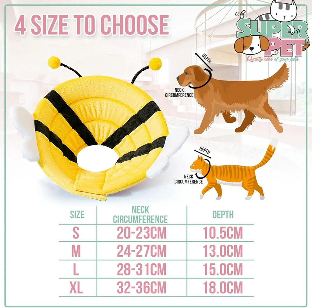 Soft cat cone collar with bee design for post-surgery protection in adjustable sizes