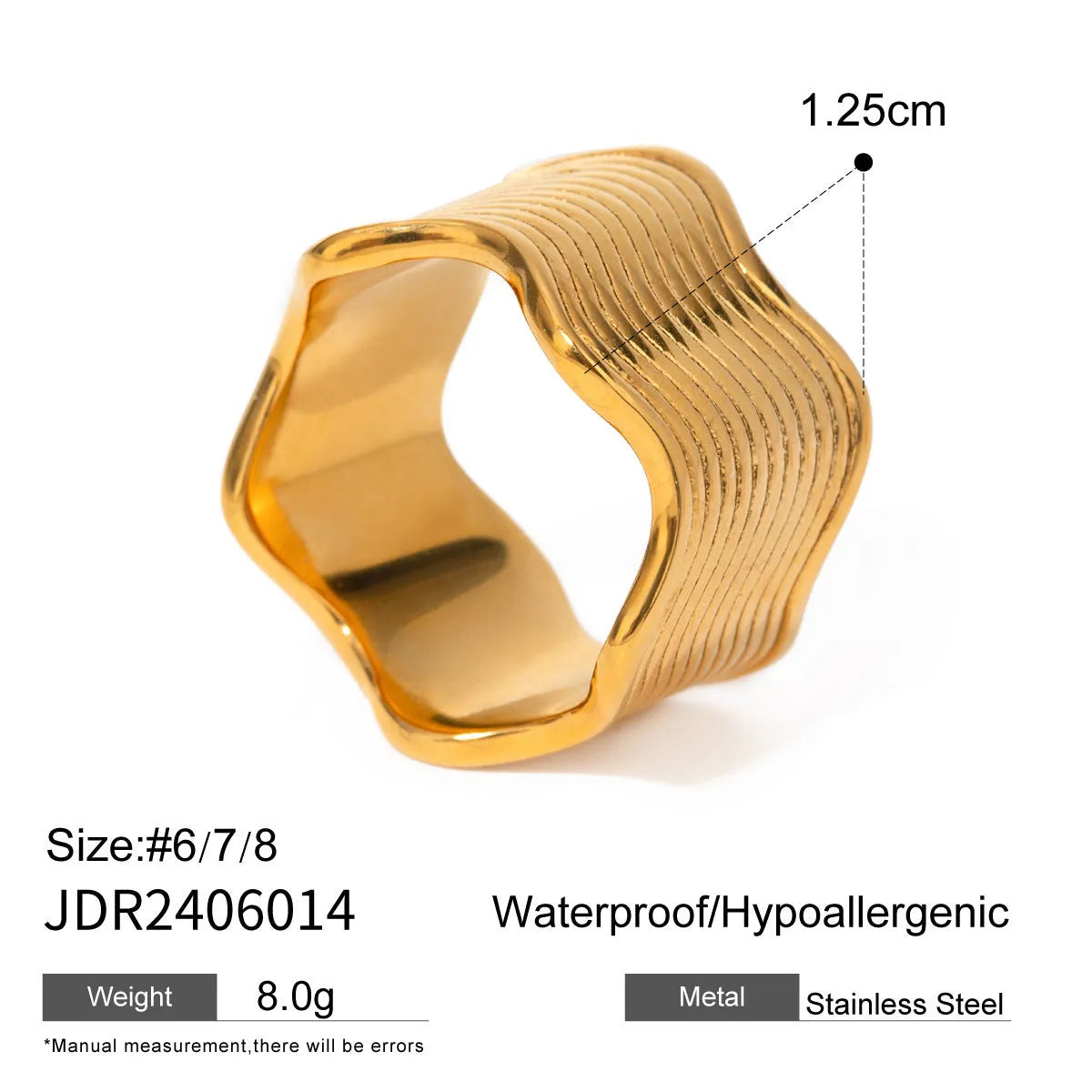Women's stainless steel geometric wave ring with wide band surface and Korean style design