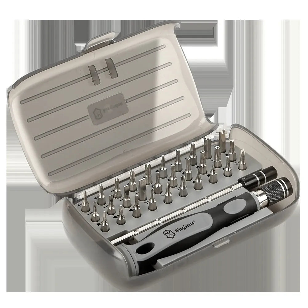 Neutral coloured 32-in-1 screwdriver set with plastic storage case showing various bits and PH1 cutter head