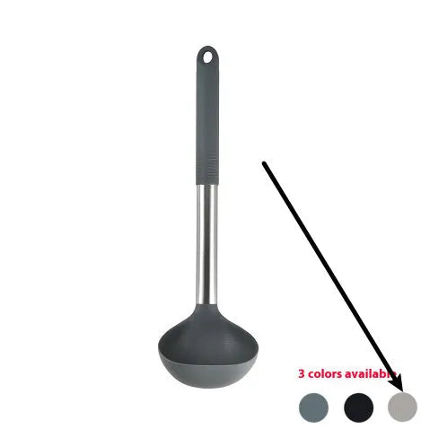 12-piece silicone kitchenware set with rotating storage bucket showing utensils in black, dark grey or khaki colours