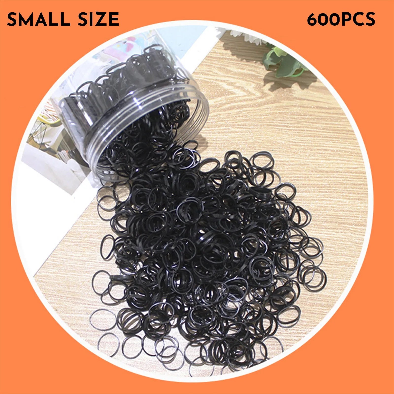 Open reusable container showing hundreds of thin, colourful TPU baby hair ties for toddlers.