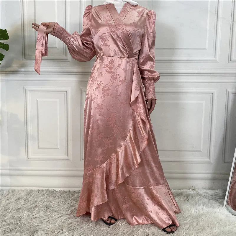 Women's patchwork satin Muslim dress in green with printing pattern and collage stitching