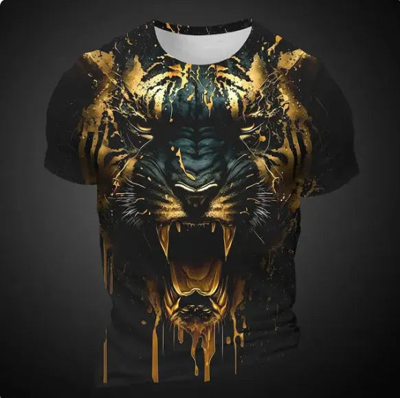 Men's grey t-shirt with a detailed 3D tiger face print on the chest.